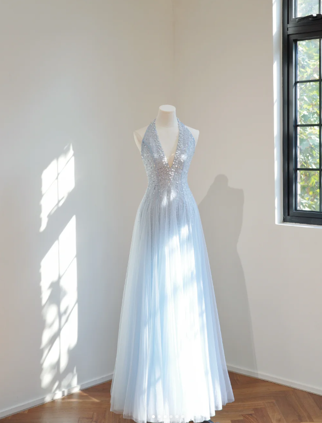 Fairy Halter V Neck Sky Blue Tulle Sequin Beaded A Line Long Prom Dress Party Gown D2146