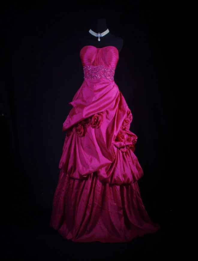 Pretty Strapless Satin Pleated Ball Gown Pink Long Party Dress Prom Gown D2222