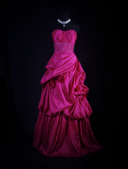 Pretty Strapless Satin Pleated Ball Gown Pink Long Party Dress Prom Gown D2222