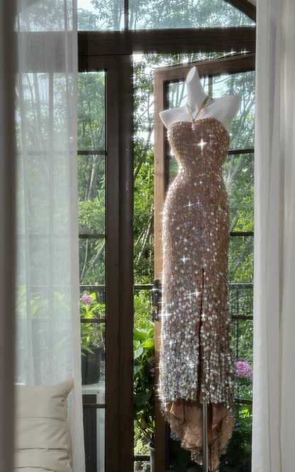Gorgeous Halter Champagne Sequin Slit Mermaid Party Dress Long Evening Gown D1250