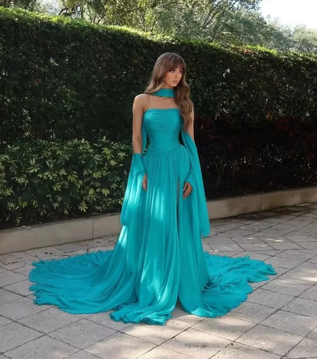 Classy Strapless Chiffon Pleated Slit Long Wedding Guest Dress,Blue Slit Long Evening Dress With Scarf  D4866