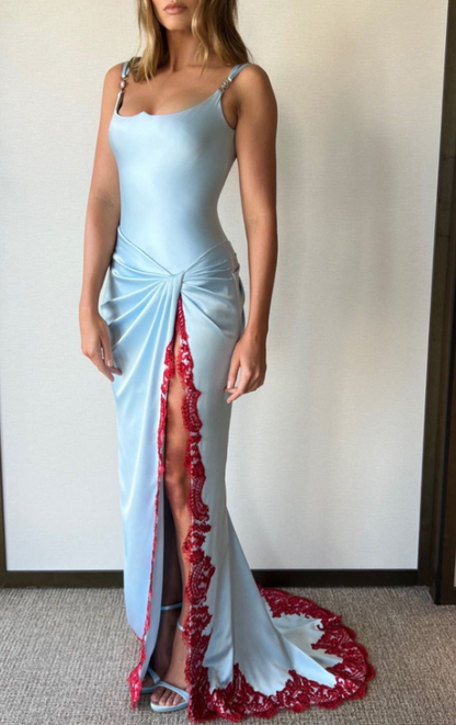 Stylish Blue Spaghetti Straps Satin Pleated Lace Mermaid Evening Dress Long Birthday Prom Dress D1064