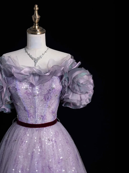 Charming Ball Gown Off The Shoulder Lilac Sequin Tulle Long Prom Dresses Evening Dress D4844