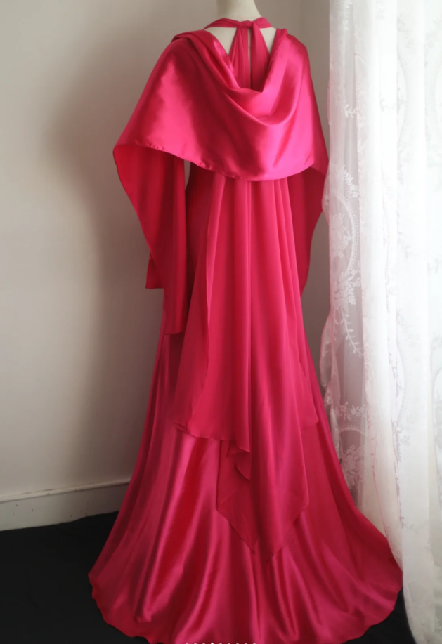 Glamorous Halter Hot Pink Satin Chiffon Mermaid Long Party Dress Formal Birthday Prom Gowns With Cape D2329