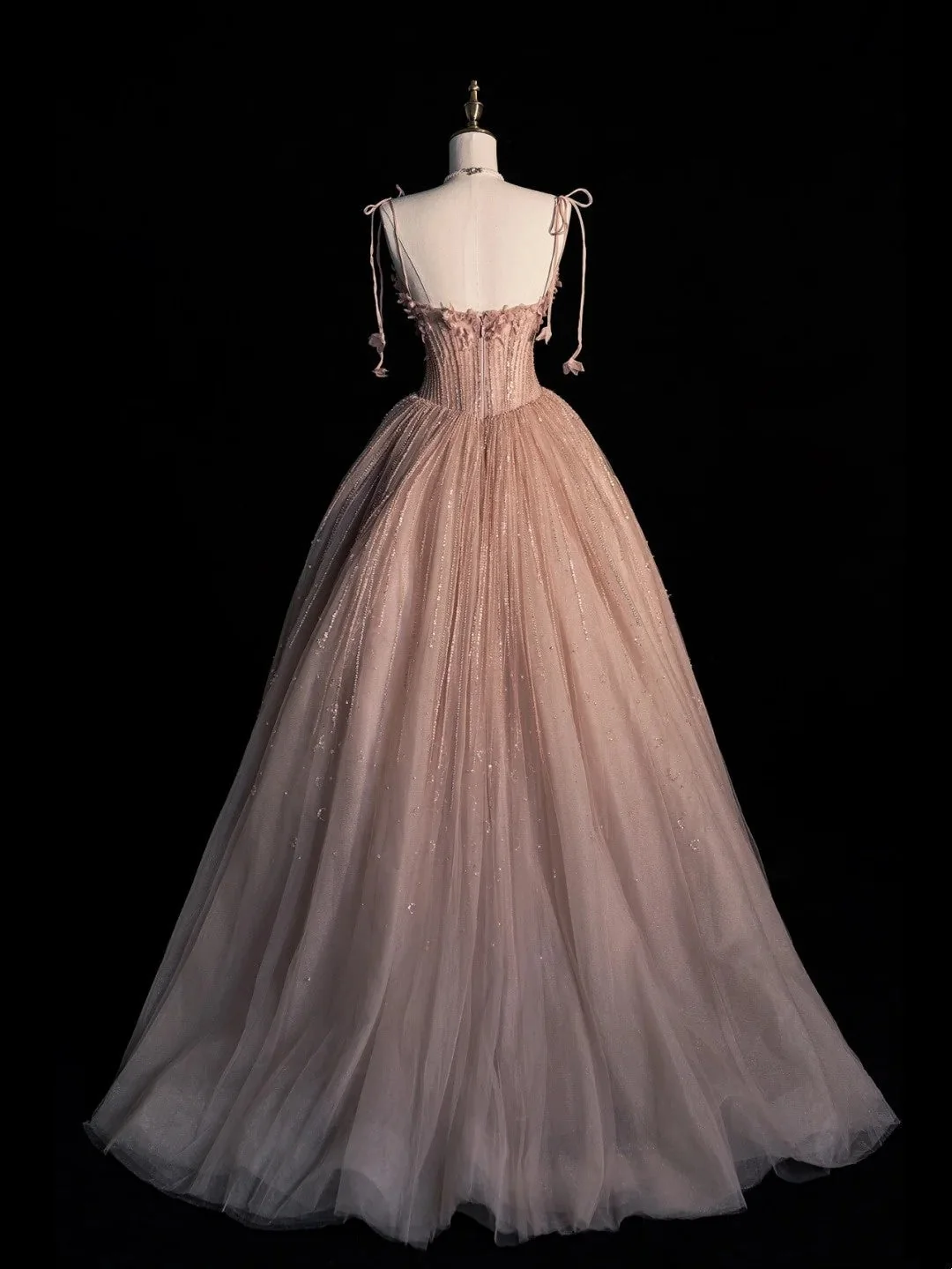 Pretty Spaghetti Strap Pink Tulle Sequin Beaded Appliques Long Birthday Prom Dresses Evening Gowns D4835