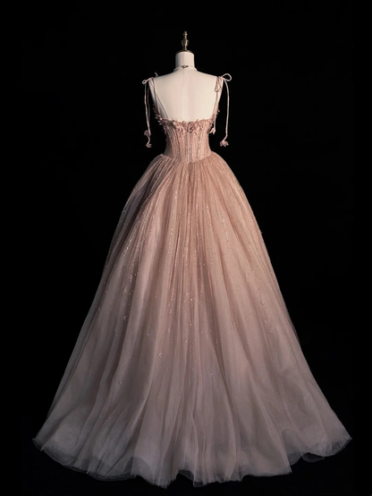 Pretty Spaghetti Strap Pink Tulle Sequin Beaded Appliques Long Birthday Prom Dresses Evening Gowns D4835
