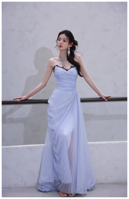Classy Haze Blue Strapless Tulle Pleated Mermaid Long Party Dress Evening Gown D2460