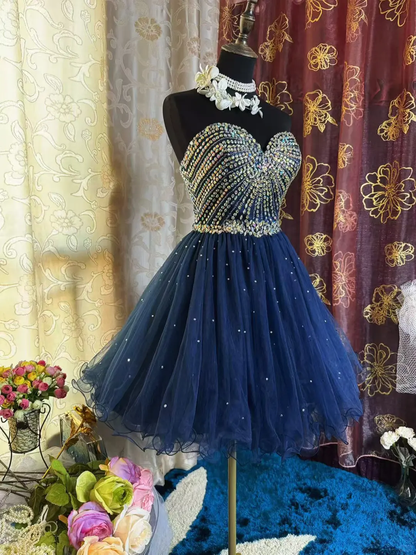 Sparkly Sweetheart Neck Blue Tulle Beaded A Line Short Prom Dress Formal Homecoming Dress D316