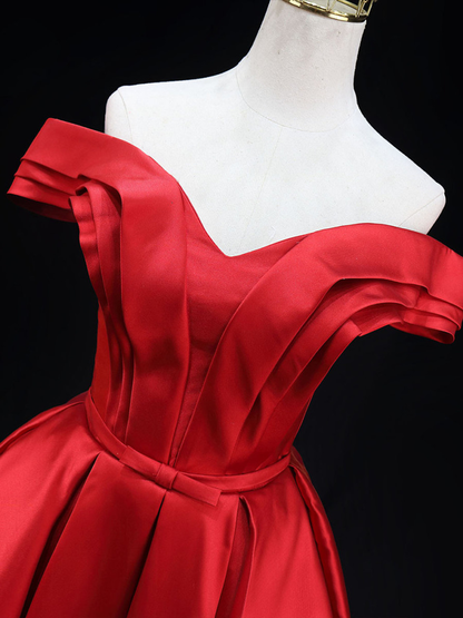Vintage Burgundy Satin Off the Shoulder Pleats Short Graduation Homecoming Dress Birthday Outfits S933