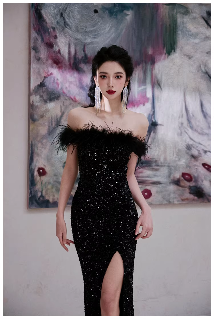 Glamorous Feathers Strapless Black Sequin Slit Mermaid Evening Dress Long Birthday Party Dress D2455