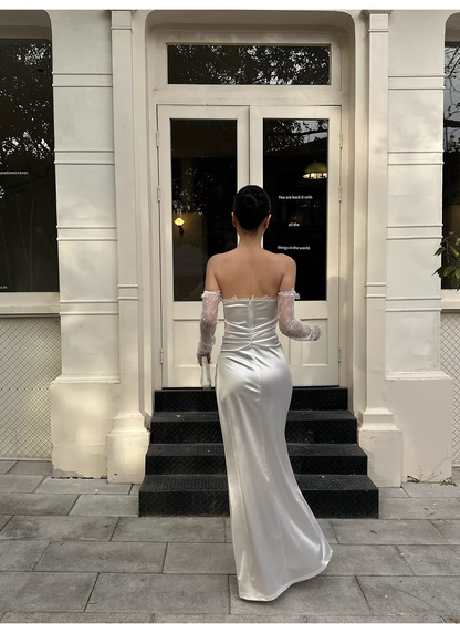 Classy White Off The Shoulder Satin Lace Mermaid Long Wedding Guest Dress Formal Evening Dress Prom Gown D2126