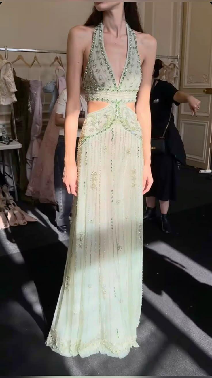Glamorous Halter V Neck Chiffon Beaded Party Dress Light Green Long Evening Dress D5321