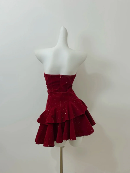 Charming Burgundy Strapless A Line Layered Short Prom Dress Formal Homecoming Dress Birthday Outfits S868