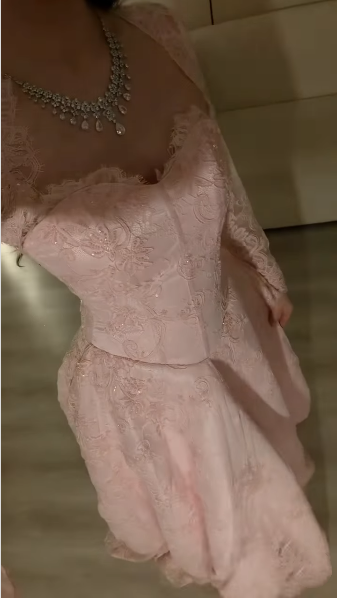 Charming Pink Satin Lace A Line Long Party Dress Birthday Prom Gown D4968