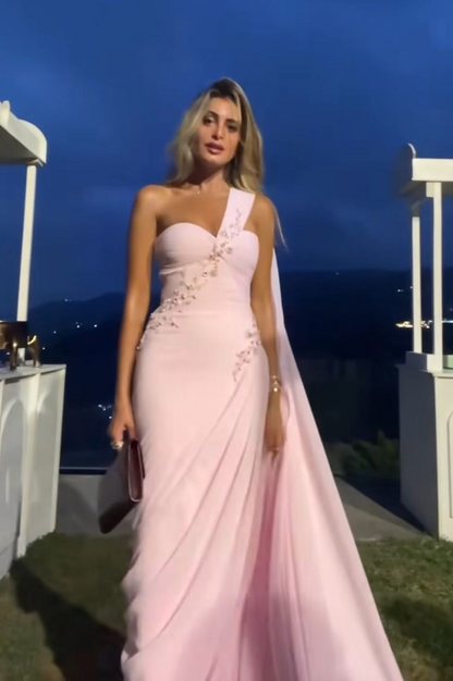 Pretty One Shoulder Pink Chiffon Beaded Prom Gown Long Wedding Guest Dress D1038