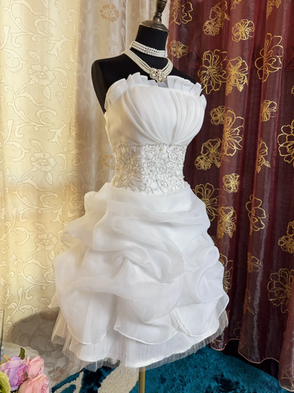 Classy Strapless White Tulle Pleated Sheath Short 19th Birthday Outfits Homecoming Dress D729