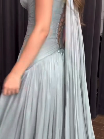 Elegant Blue Halter V Neck Chiffon Pleated Mermaid Evening Dress Long Wedding Guest Dress D1361