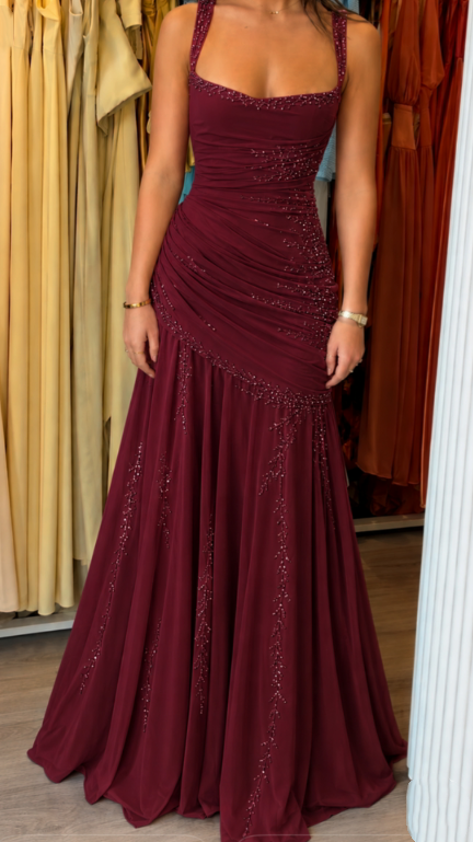 Elegant Burgundy Spaghetti Straps Chiffon Pleated Beaded Mermaid Long Evening Dress Birthday Dress D2998