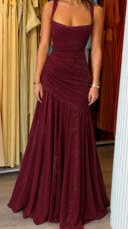 Elegant Burgundy Spaghetti Straps Chiffon Pleated Beaded Mermaid Long Evening Dress Birthday Dress D2998