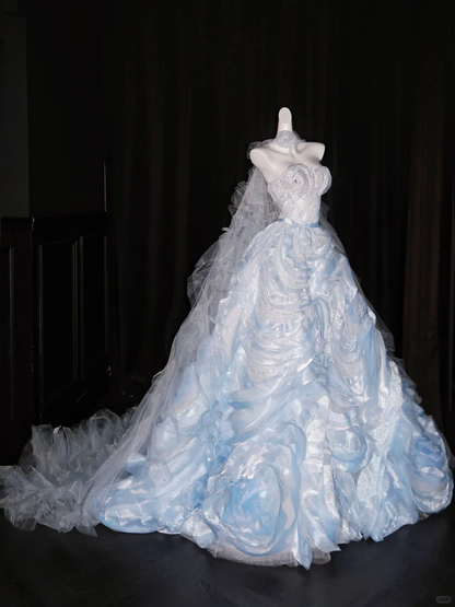 Beautiful Blue Strapless Tulle Floral Sequin Beaded Long Wedding Dress Bridal Gowns D3075