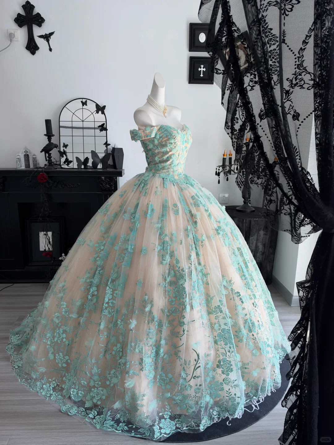 Charming Mint Green Tulle Lace Sequin Floral Sweet 16 Dress Off The Shoulder Birthday Quinceanera Dress D4706