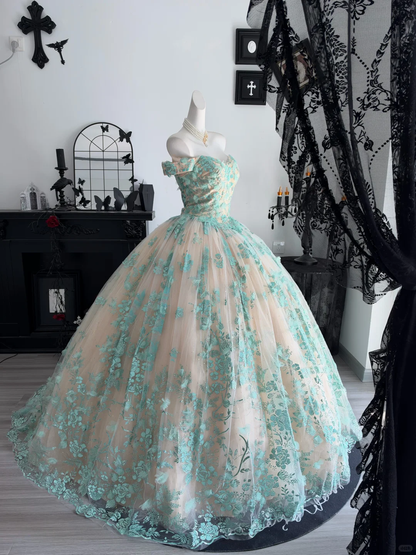 Charming Mint Green Tulle Lace Sequin Floral Sweet 16 Dress Off The Shoulder Birthday Quinceanera Dress D4706