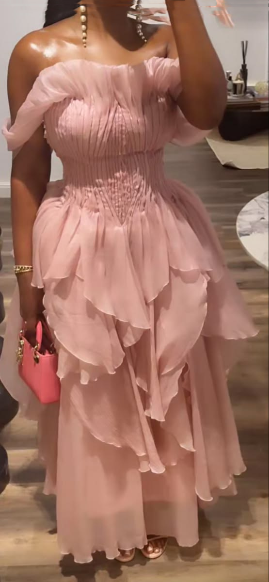 Elegant Off The Shoulder Tulle Ruffle A Line Long Party Dress Pink Evening Dress D4914