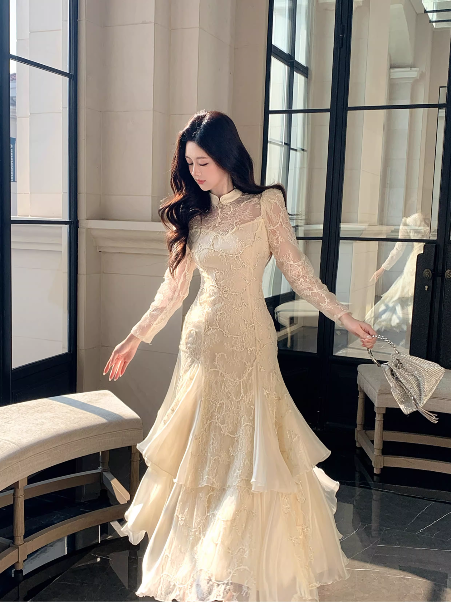 Pretty Beige Tulle Lace Mermaid Long Evening Dress Birthday Prom Dress D2181