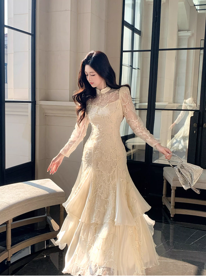 Pretty Beige Tulle Lace Mermaid Long Evening Dress Birthday Prom Dress D2181