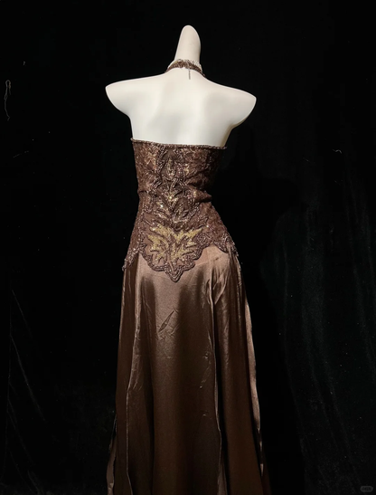 Retro Halter V Neck Brown Satin Beaded A Line Slit Long Party Dress Birthday Dress D2844