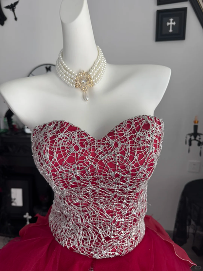 Unique Burgundy Strapless Satin Tulle Ruffles Prom Dress Evening Dress D3723