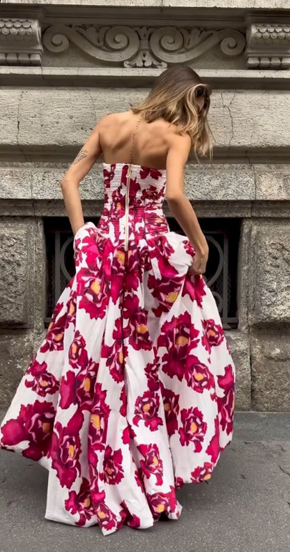 Charming Pink Strapless Satin Pleated Printed Floral Long Prom Dress Birthday Evening Dress D4783