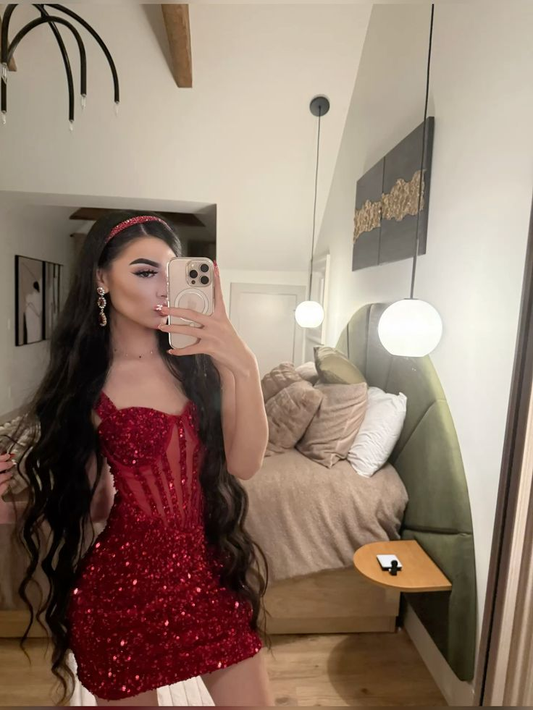 Sparkly Spaghetti Straps Red Sequin Sheath Short Homecoming Dress Cocktail Dress D3578