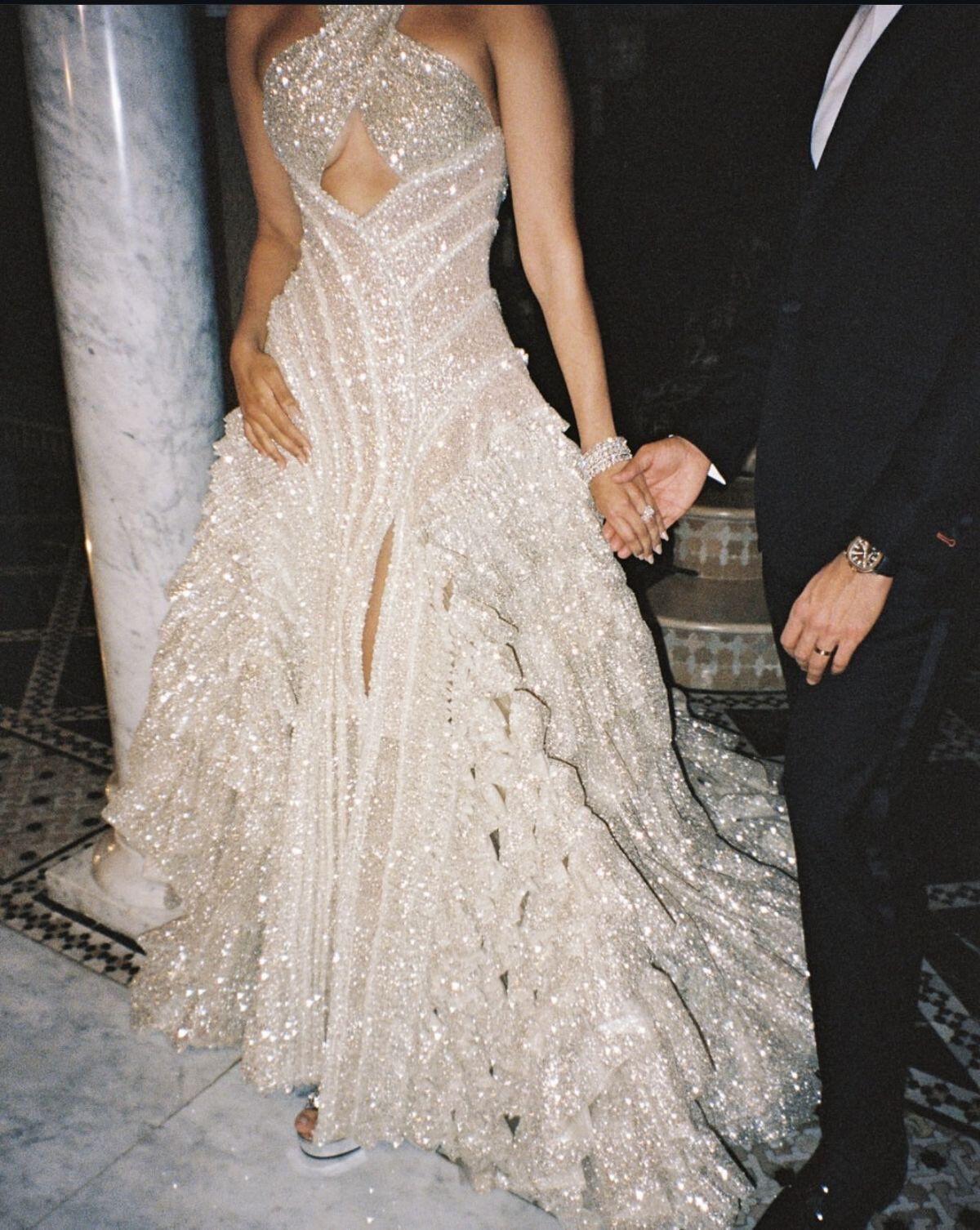 Glitter Halter Champagne Sequin Beaded Slit Mermaid Long Wedding Dress Bridal Dress D3902