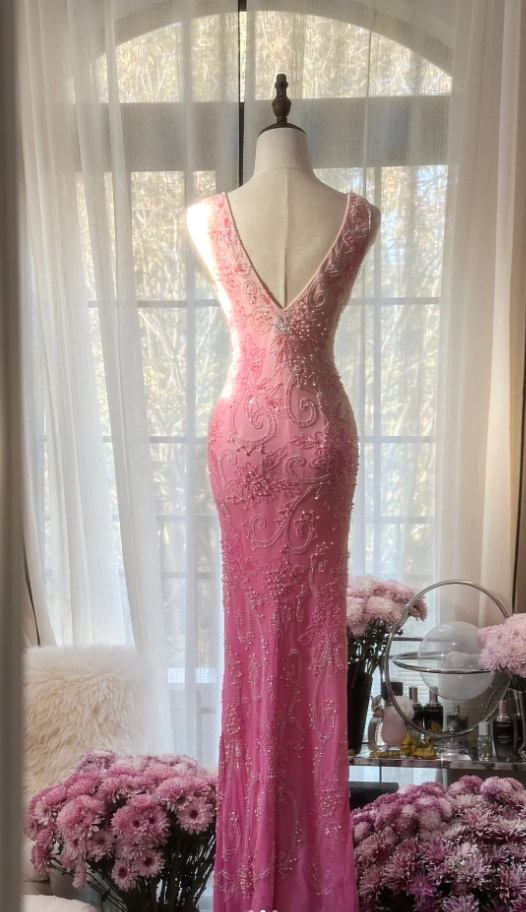Pretty V Neck Ombre Pink Chiffon Beaded Mermaid Long Party Dress Birthday Evening Gown D2296