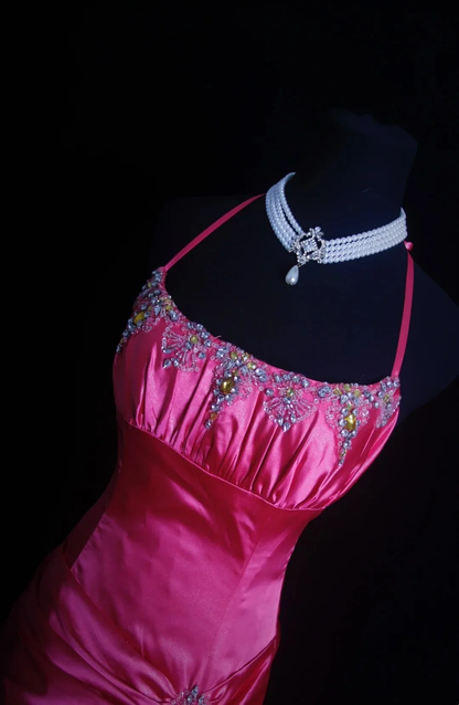Pretty Hot Pink Halter SAtin Beaded Long Evening Dress Party Gown D4568