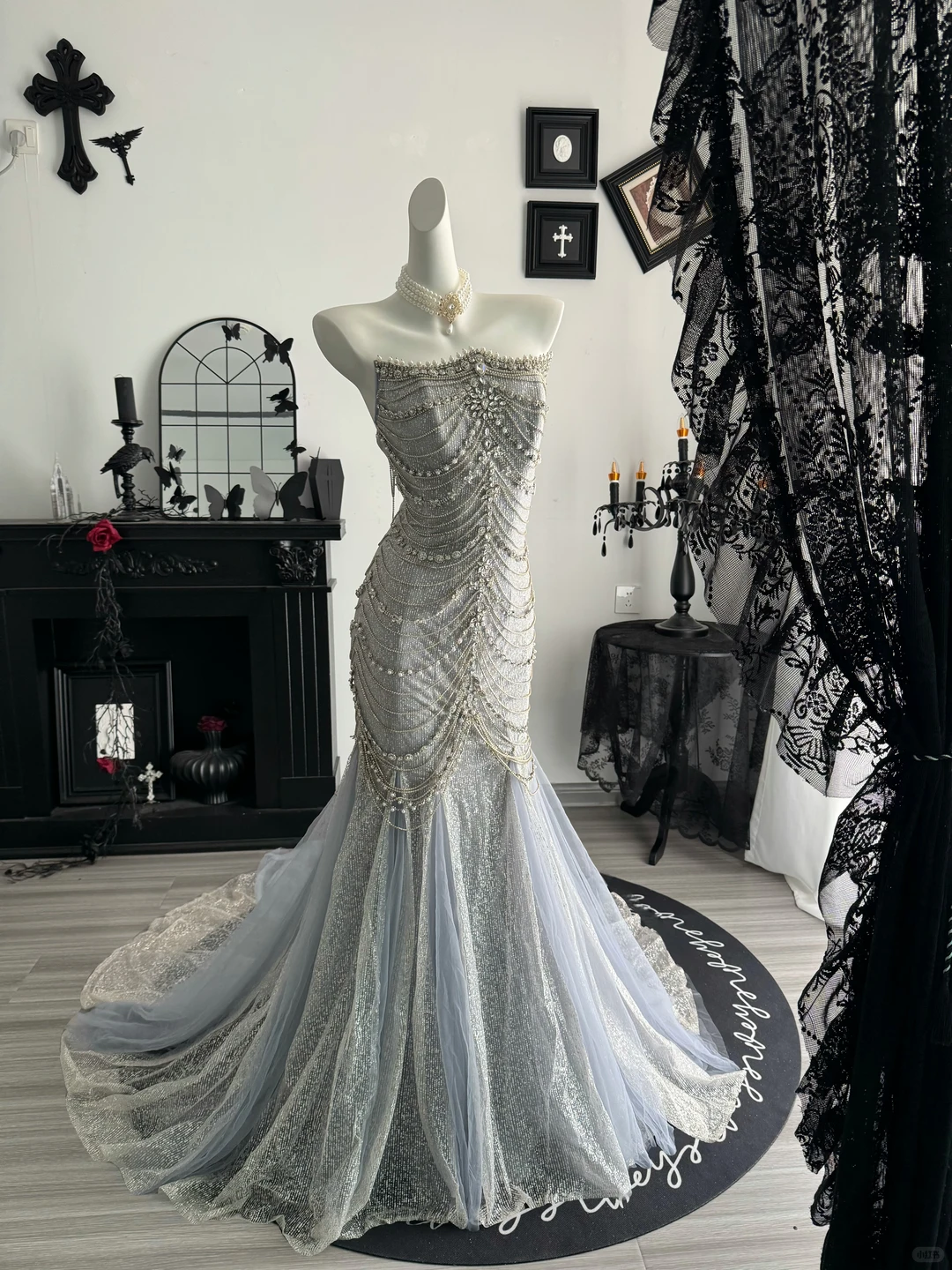 Charming Haze Blue Strapless Tulle Sequin Beaded Mermaid Long Prom Dress Evening Gown D4720