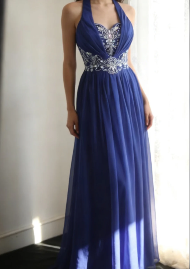 Stylish Halter Royal Blue Chiffon Beaded Long Evening Dress Formal Wedding Guest Dress Prom Gown D2201
