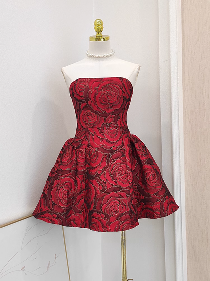 Cute Ball Gown Strapless Red Satin Floral Cocktail Dress Short Birthday Outfits SD402