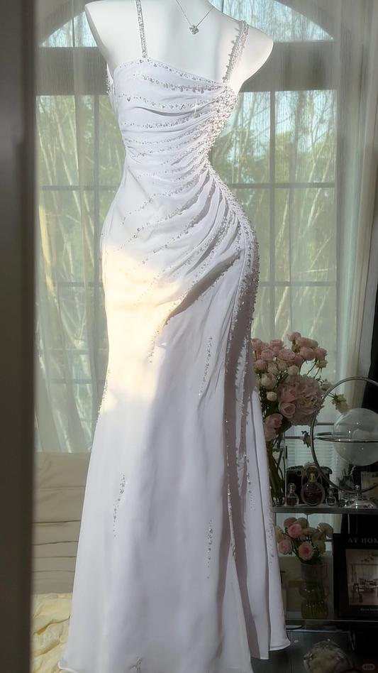 Classy White Spaghetti Straps Chiffon Beaded Mermaid Long Prom Gown Birthday Party Dress D2526