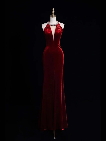 Vintage Halter Burgundy Velvet Mermaid Long Party Dress Birthday Prom Dress With Tassels D4850