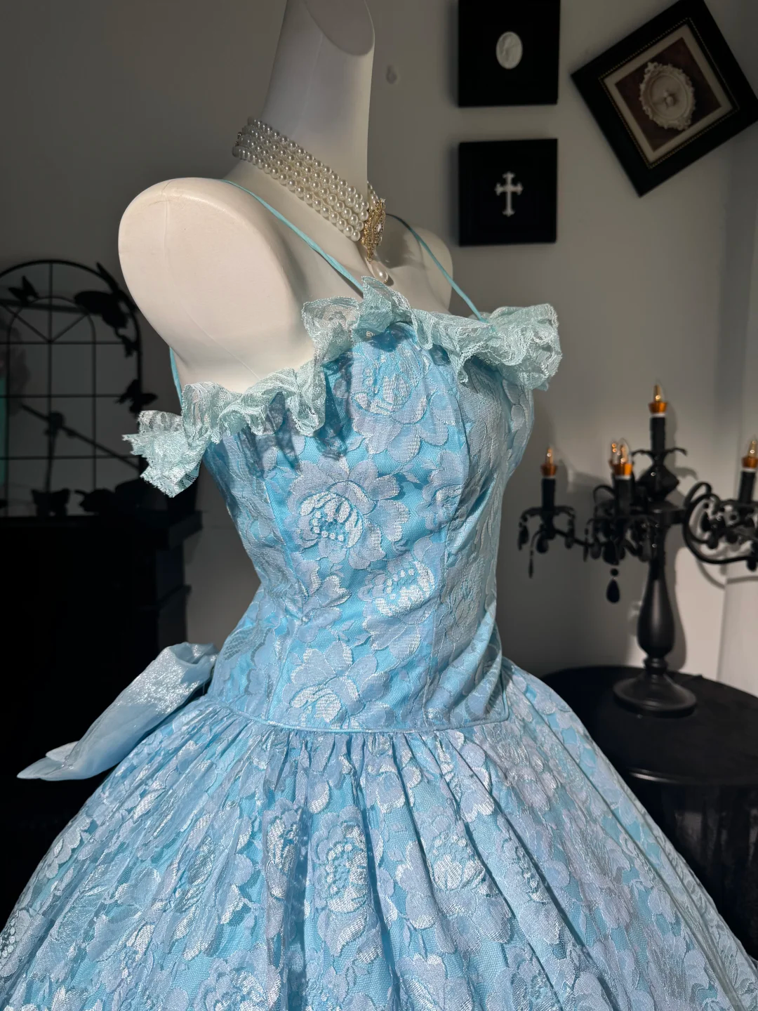 Sweet Blue Ball Gown,Spaghetti Straps Tulle Lace Floral Birthday Quinceanera Dress With Bow D3735