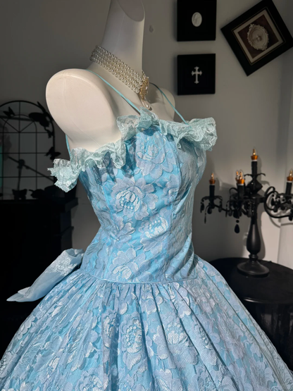 Sweet Blue Ball Gown,Spaghetti Straps Tulle Lace Floral Birthday Quinceanera Dress With Bow D3735