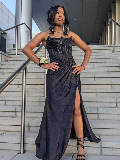 Elegant Strapless Satin Appliques Beaded Long Party Dress Black Slit Mermaid Evening Dress D5296