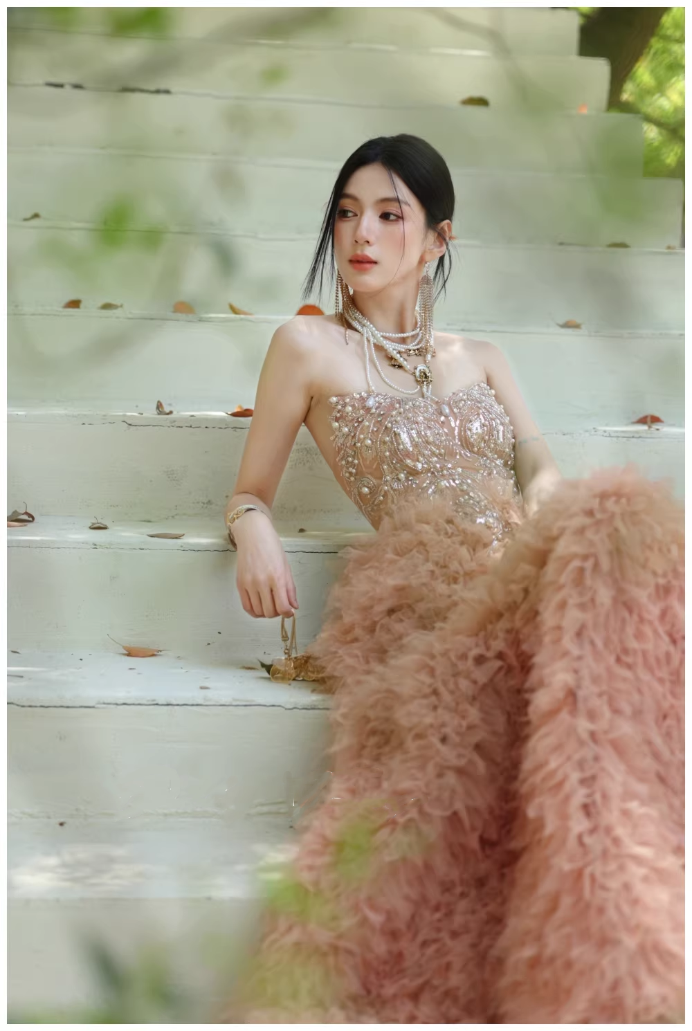 Gorgeous Strapless Pink Tulle Beaded A Line Birthday Prom Dress Evening Dresses D2423