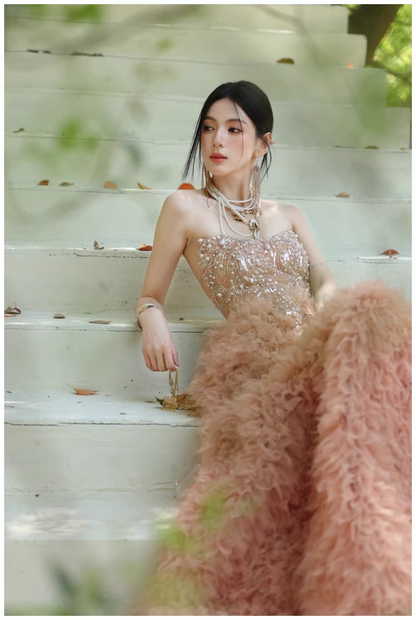 Gorgeous Strapless Pink Tulle Beaded A Line Birthday Prom Dress Evening Dresses D2423