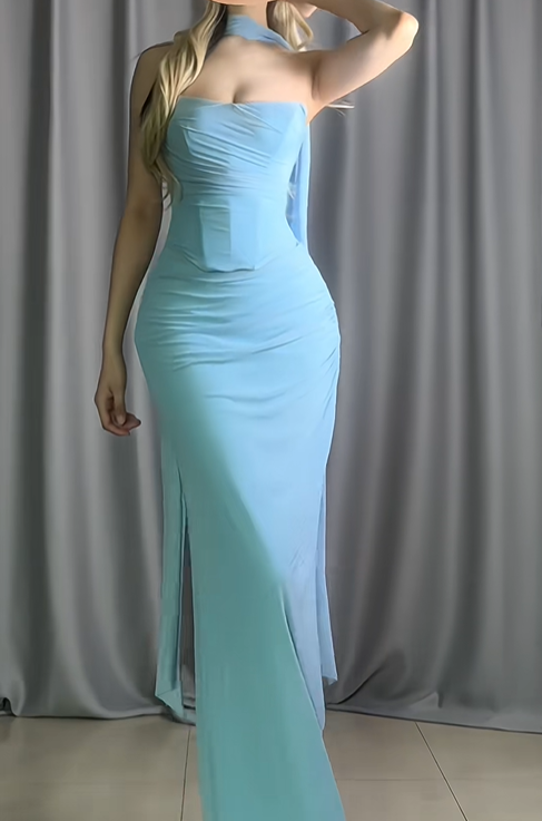 Elegant Strapless Blue Chiffon Mermaid Evening Dress Formal Birthday Prom Gowns With Scarf D2490