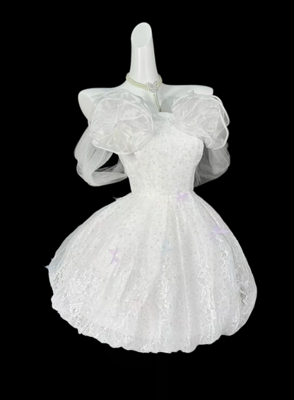 Pretty White Lace A Line Short 6th Grade Homecoming Dress,Off The Shoulder Short Party Dress D4185