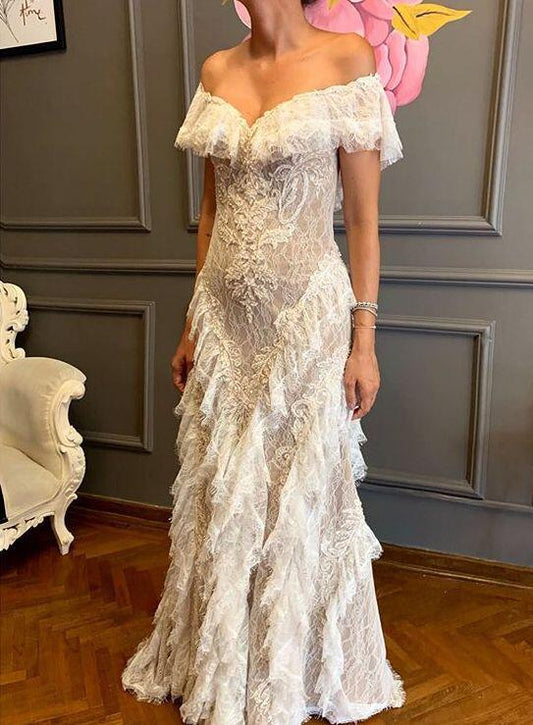 Classy Off The Shoulder Off White Lace Ruffles Mermaid Long Wedding Dress D5069