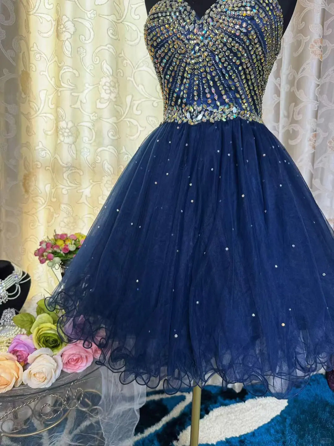 Sparkly Sweetheart Neck Blue Tulle Beaded A Line Short Prom Dress Formal Homecoming Dress D316